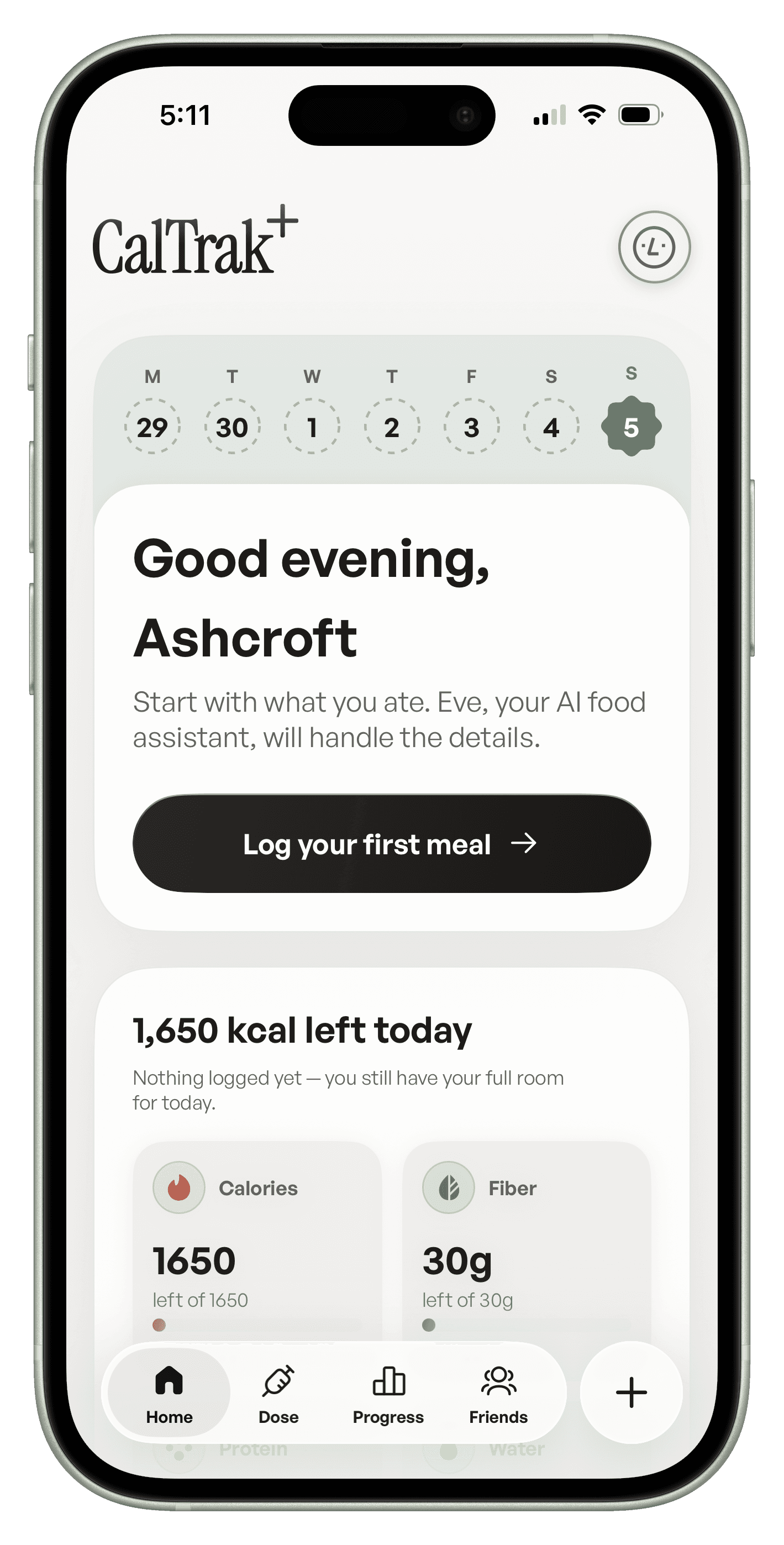 CalTrak+ peptide nutrition intelligence home screen shown on an iPhone